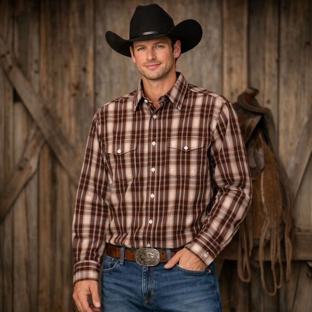 Panhandle Select Western‎ Plaid Button Down Shirt Men’s XL Brown Cotton Cowboy